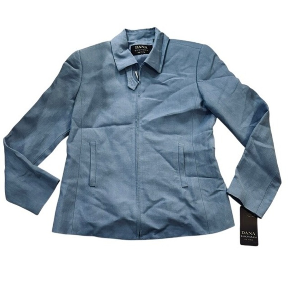 VTG Dana Buchman Petite NWT Zip Front Blazer Blue Linen Rayon Textured Size 6P‎